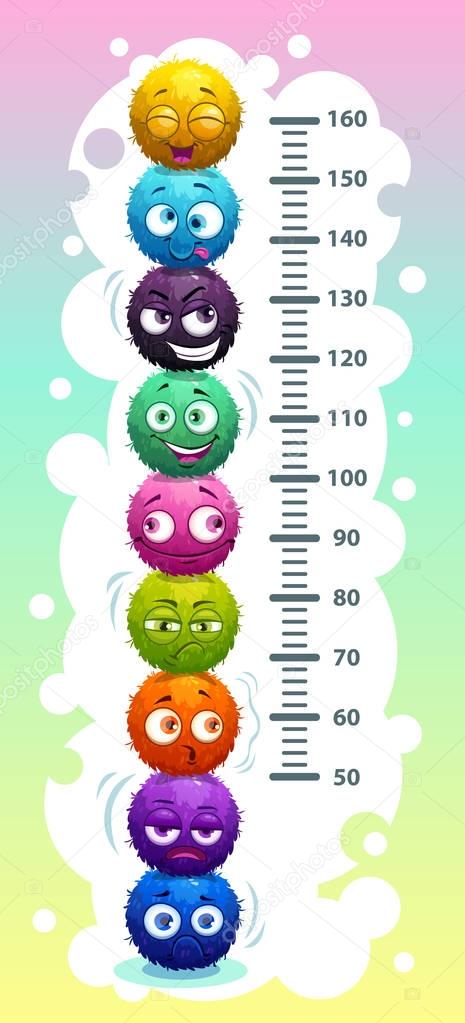 Kids height chart with funny cartoon colorful round fluffy characters.