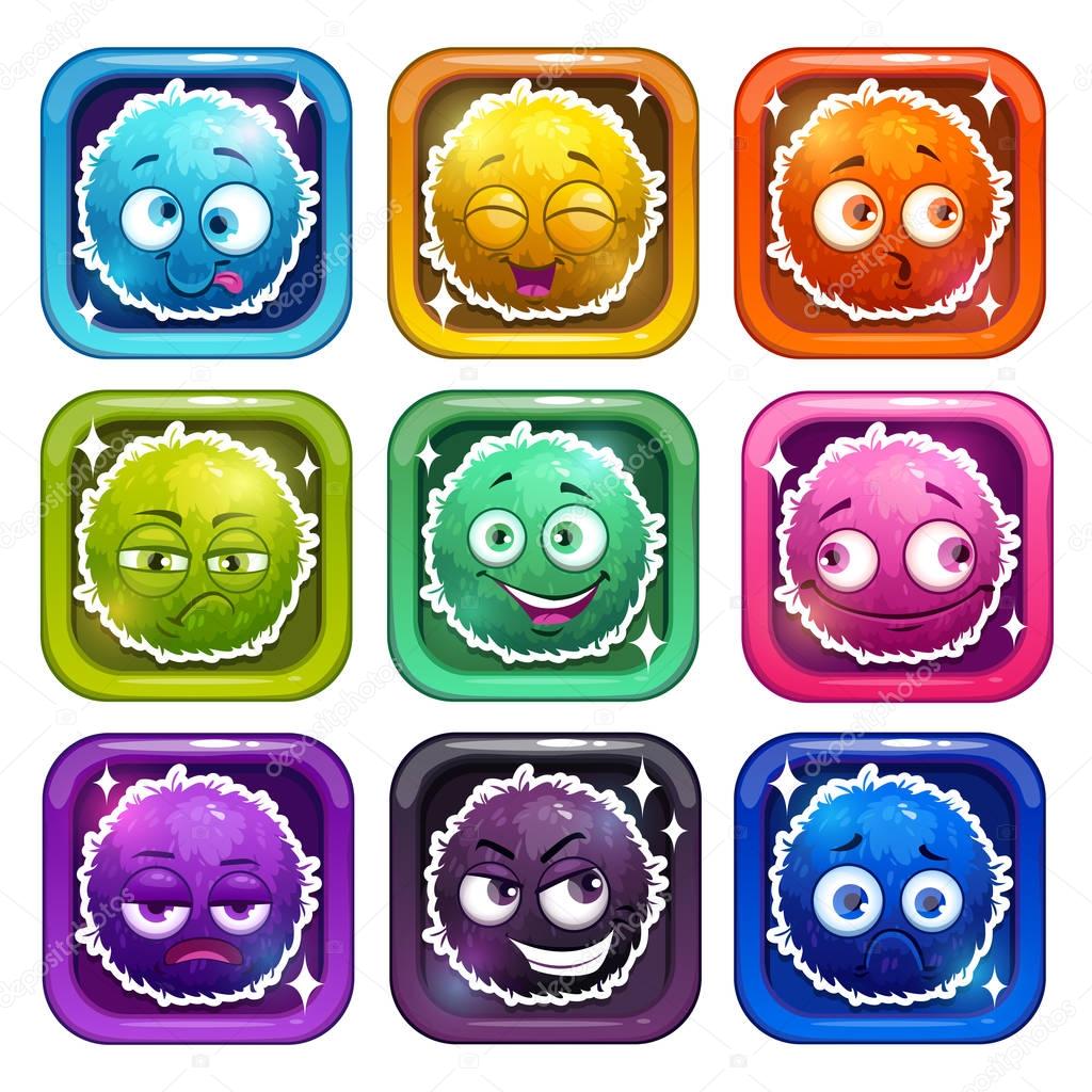 Funny cartoon colorful fluffy characters in the glossy frames. Vector app icons set.