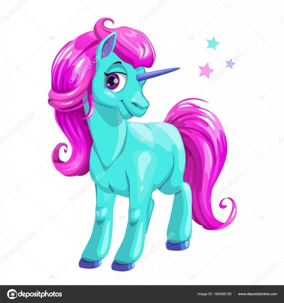 Image vectorielle Mignon dessin animé licorne bleue aux cheveux roses . par  ©lilu330 - 160495106, image size:1600x1700