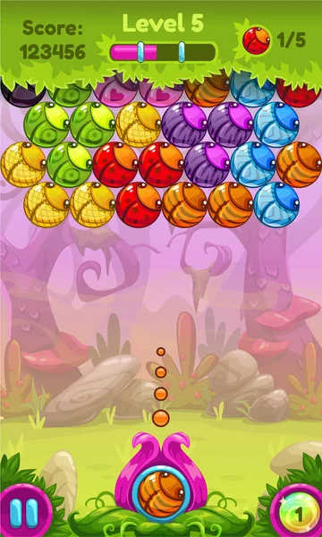 Leuk spel gebruikersinterface met kleurrijke bugs. — Stockvector