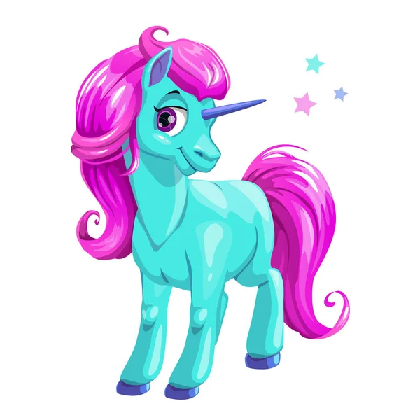 Cute kartun biru unicorn dengan rambut merah muda . - Stok Vektor