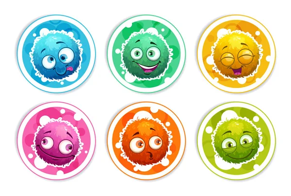 Funny bright round stickers with cartoon fluffy monsters. — Stock Vector