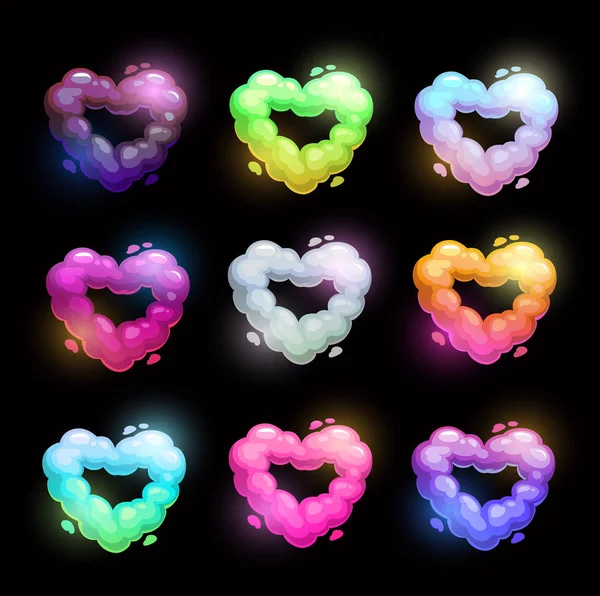 Kleurrijke fluffy hart vorm wolken. — Stockvector
