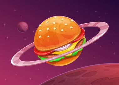 Alan arka plan üzerinde çizgi film burger gezegen simgesi.