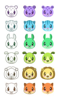 Sevimli çizgi hayvan yüzleri.