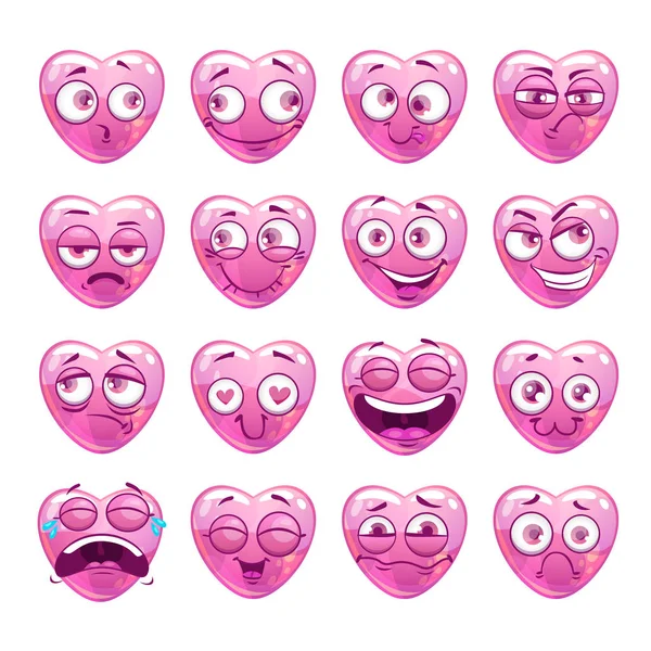 Grappige roze hart emoji icons set. — Stockvector