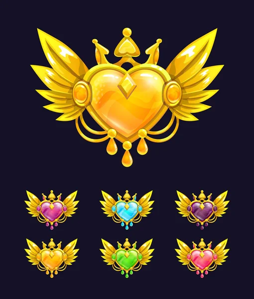 Coração decorativo fresco com asas douradas e coroa . — Vetor de Stock