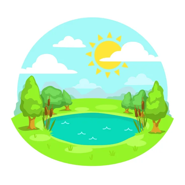 Divertido dibujo animado día soleado paisaje ilustración . — Vector de stock