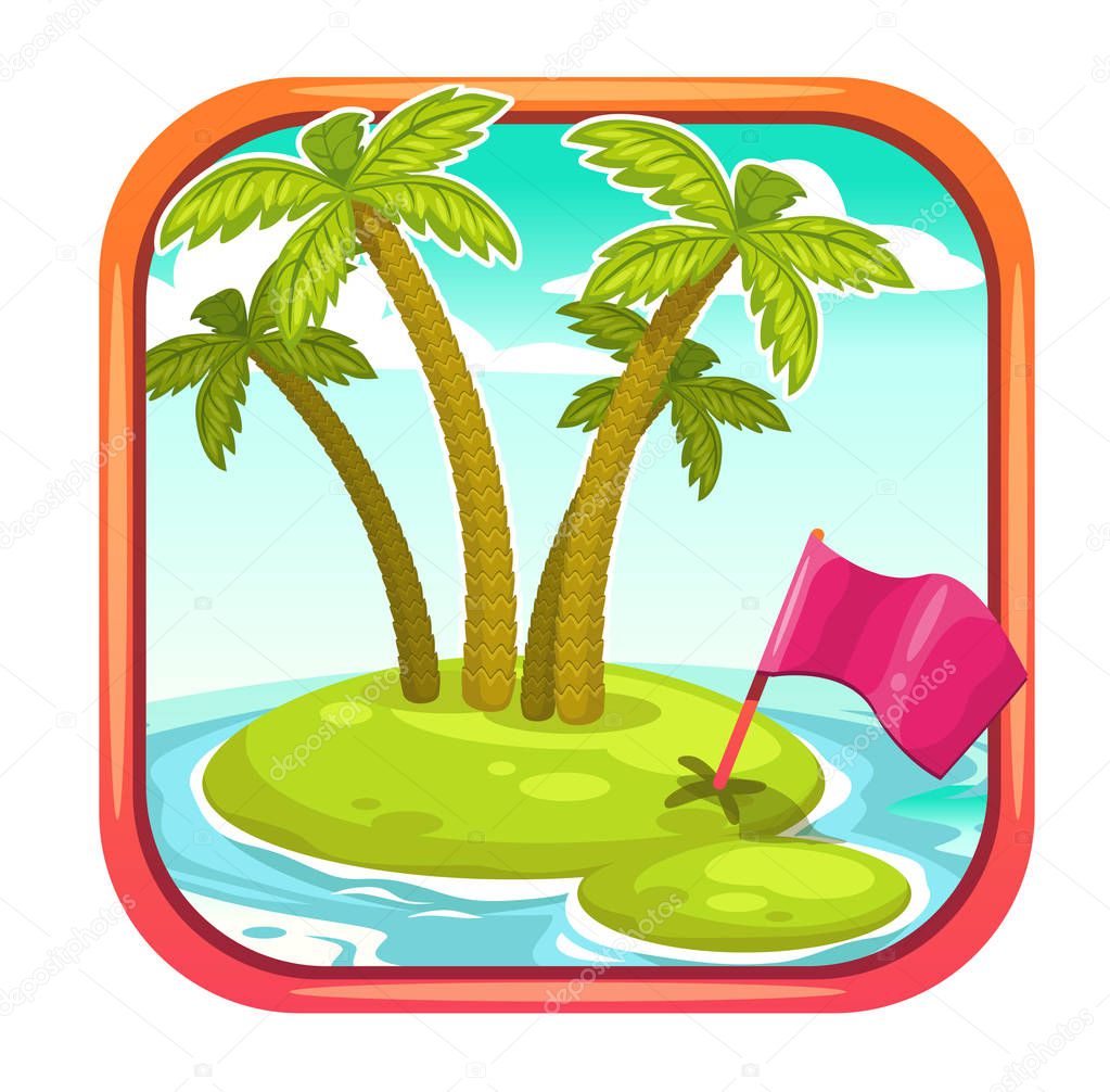 Vector app icon with uninhabited island in the middle of the sea. Application store logo example. Cartoon illustration.