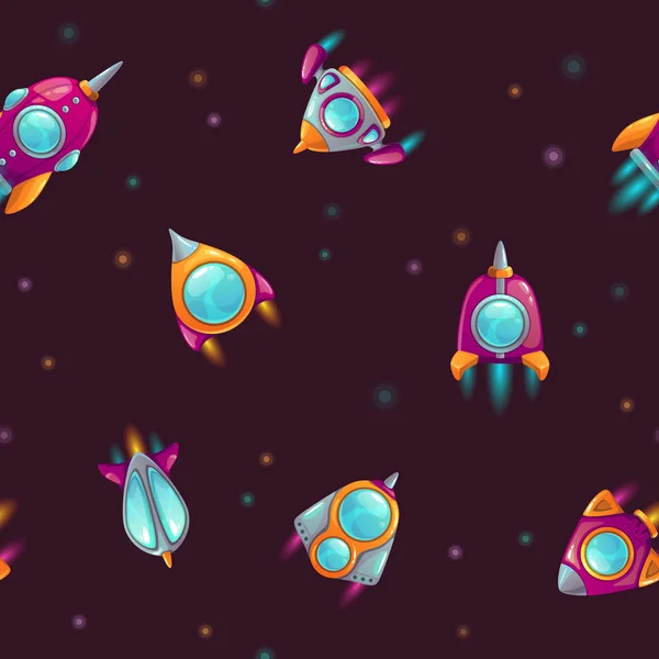 Seamless pattern with cartoon rockets and spaceships