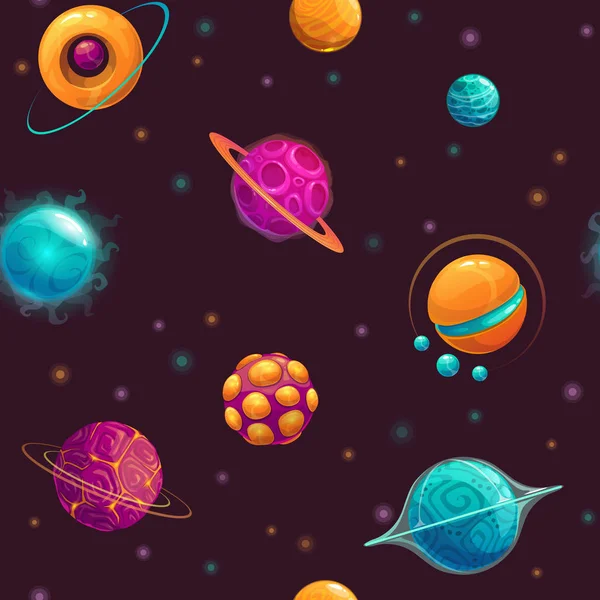 Seamless pattern with cartoon fantasy planets — Stock Vector