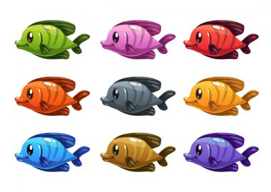 Komik karikatür renkli balıklar seti.