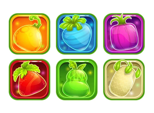 Iconos de la aplicación con coloridas frutas de fantasía brillante . — Vector de stock