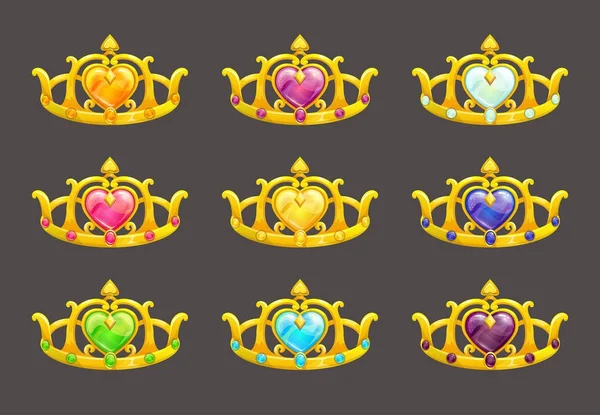 Dibujos animados coronas princesa de oro conjunto . — Vector de stock