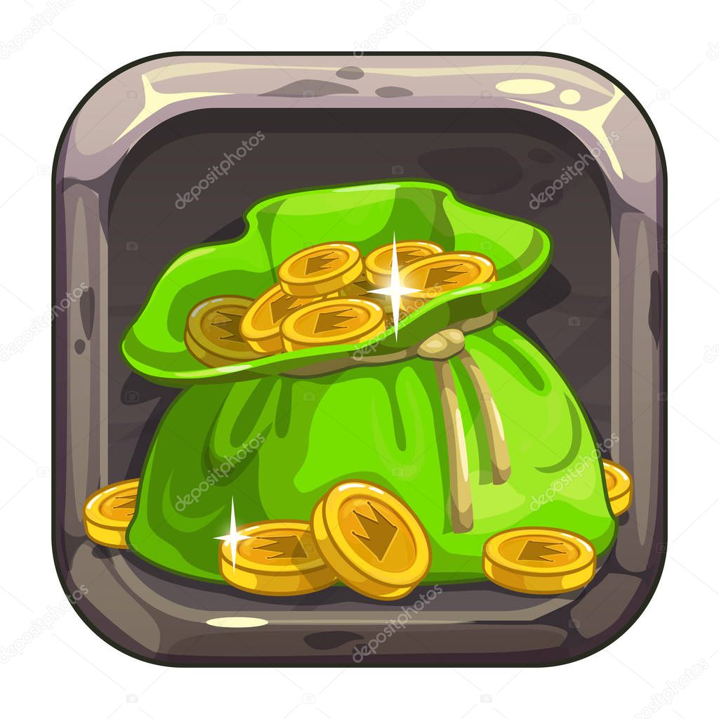 App icon with big bag of coins. Cartoon asset for game or web design.