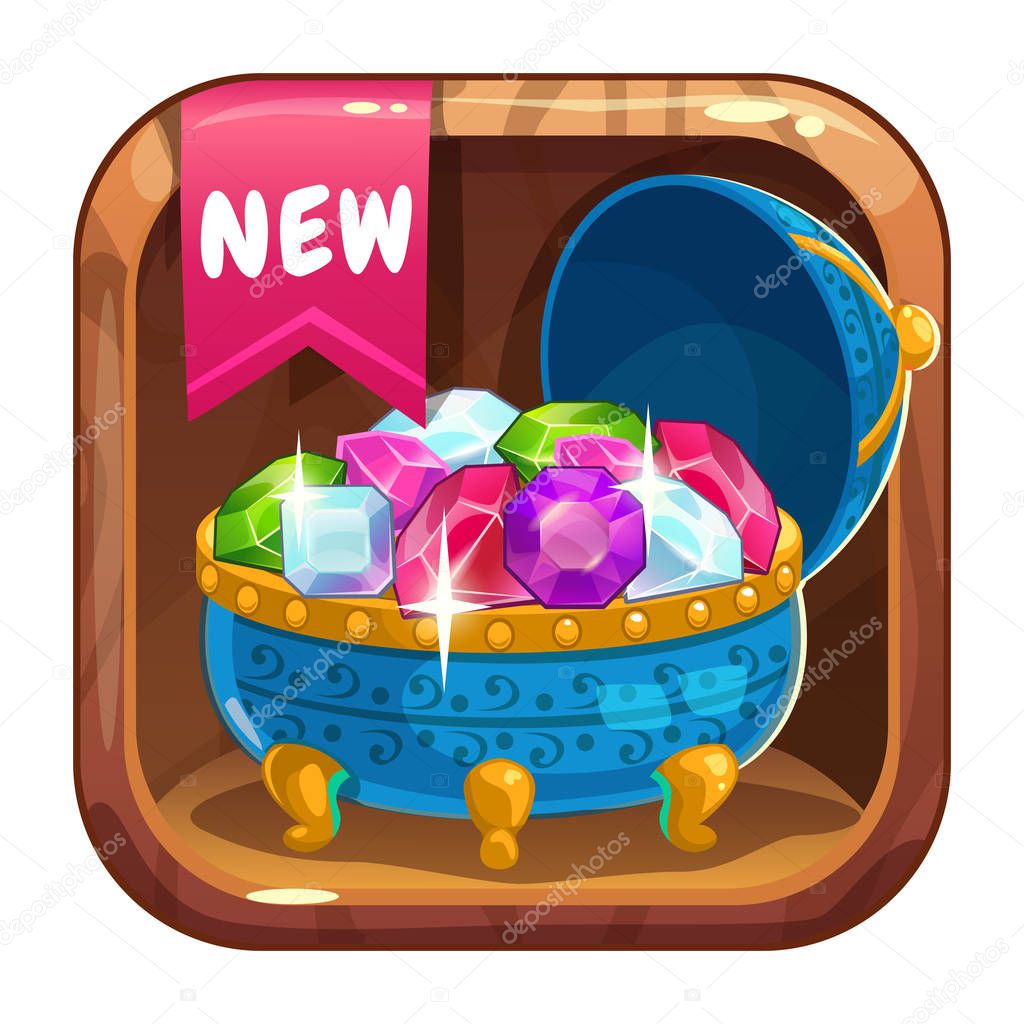 App icon with blue casket of gems. Vector asset for game or web design.