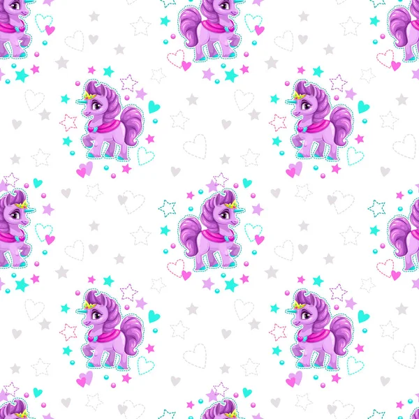 Seamless pattern with beautiful cartoon little unicorn — Stock Vector