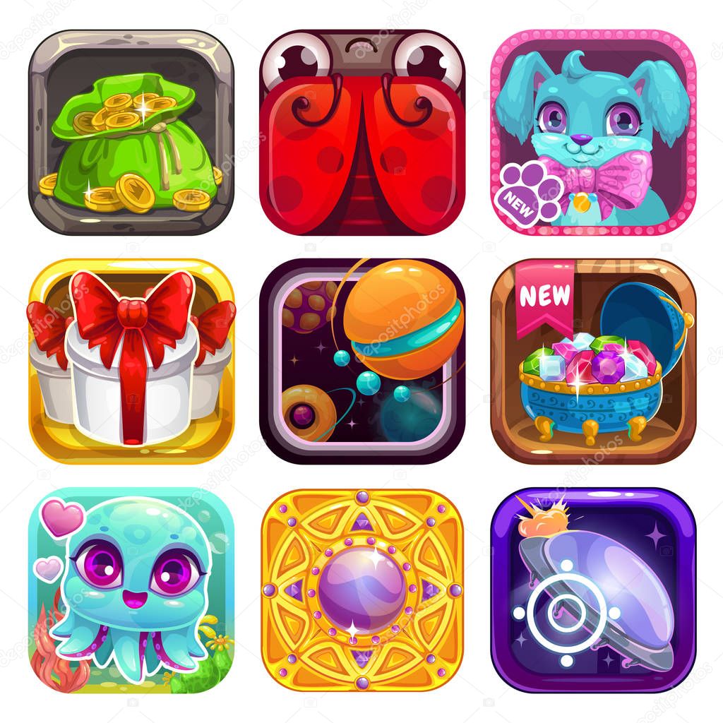 Cartoon app icons for game or web design. Vector application store logo set.