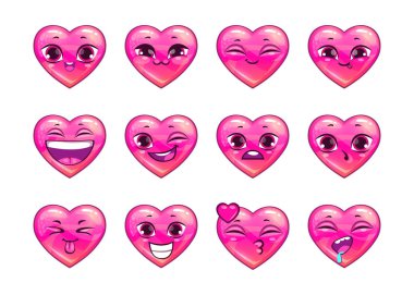 Sevimli çizgi pembe kalp emoji seti.