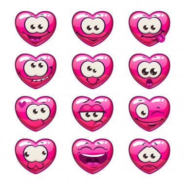 Sevimli çizgi pembe kalp emoji seti.