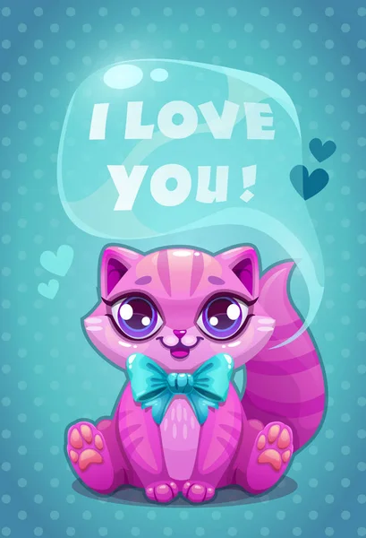 Pequeno desenho animado bonito sentado gatinho roxo dizendo Eu te amo —  Vetores de Stock