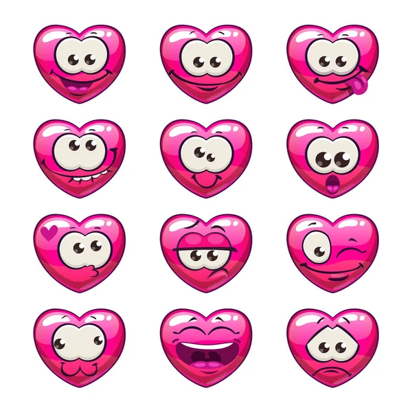 Schattige cartoon roze hart emoji set. — Stockvector