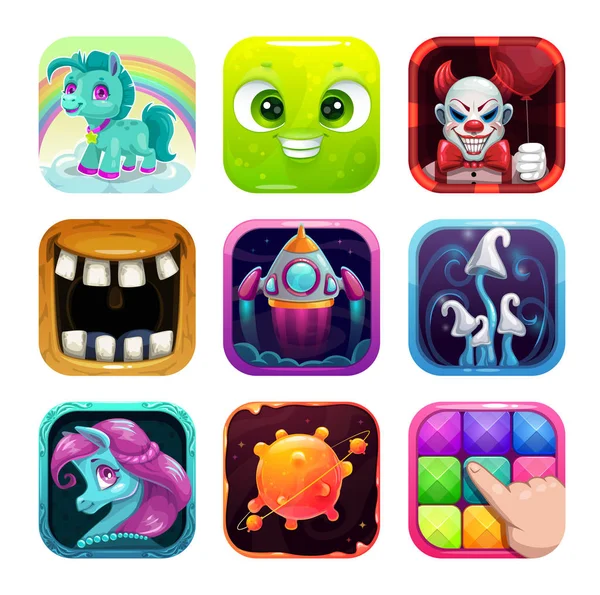 Iconos de aplicaciones de dibujos animados para el juego o el diseño web . — Archivo Imágenes Vectoriales