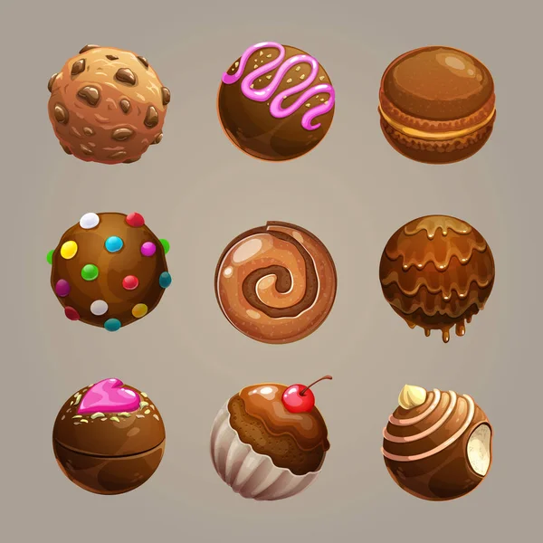 Chocolade snoepballen klaar. Ronde geglazuurde zoete activa voor game design. — Stockvector