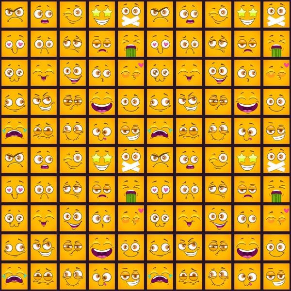 Cute comic seamless pattern with funny yellow square faces on the dark background. — 스톡 벡터