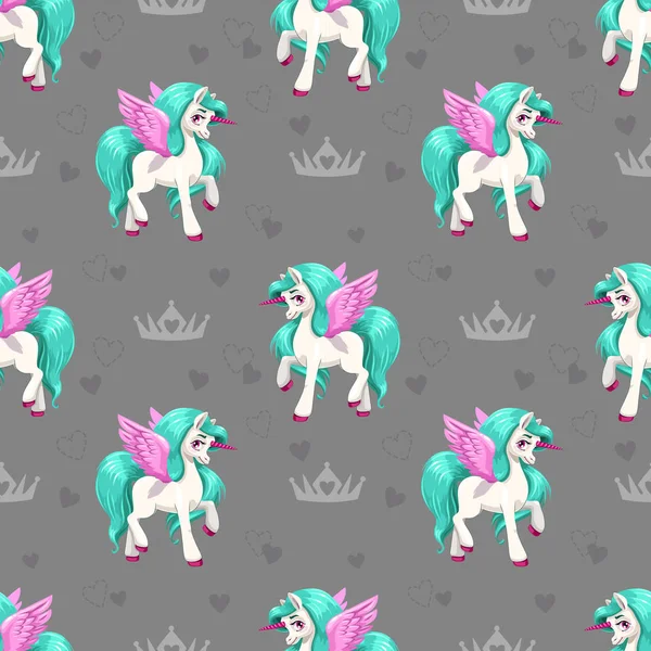 Pretty unicorn. Seamless pattern for girls with cute cartoon little horses. — Stock Vector