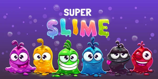 Super slime horizontal banner. Funny cute cartoon alien slimy characters. — 스톡 벡터