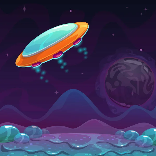 Cartoon orange UFO flying under the alien slimy landscape. — Stock Vector