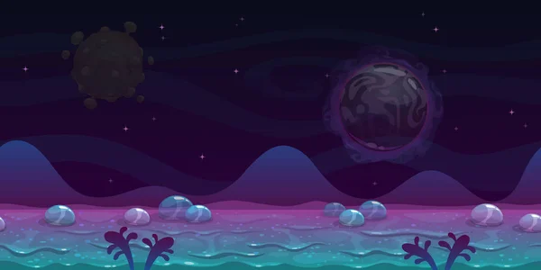 Nahtlose fremde Landschaftssicht. Fantasy-Cartoon-Hintergrund mit schleimigem Boden, Blasen, ungewöhnlichen Planeten und Hügeln. — Stockvektor