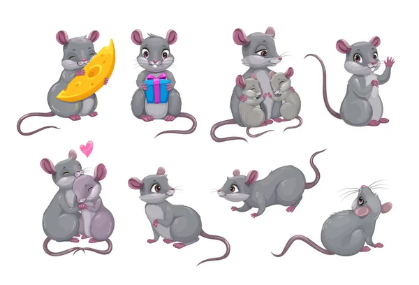Cute gray mouse icon. Little cartoon mice set. Funny rats. — Stock Vector