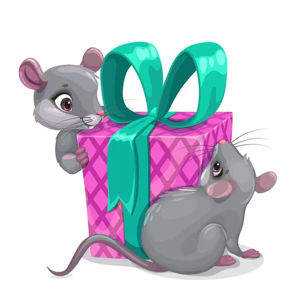 Γενέθλια ποντικιού. Δύο ποντίκια κινουμένων σχεδίων με μεγάλο κουτί δώρου. — Διανυσματικό Αρχείο
