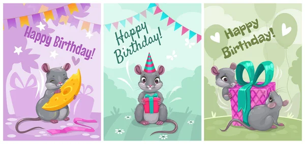 Joyeux anniversaire, jolies cartes de vœux vectorielles avec des souris de dessin animé drôles. Set d'affiches vacances . — Image vectorielle