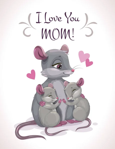 Ti voglio bene, mamma. Carino cartone animato madre mouse con i suoi bambini piccoli . — Vettoriale Stock