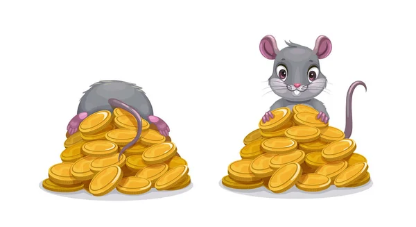 Cute comic mouse sitting on the pile of golden coins. Rat with gold. — Stock Vector