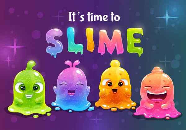 Está na hora do lodo. Cartaz de Super Slimes. Engraçado bonito arco-íris desenhos animados personagens viscosos . — Vetor de Stock