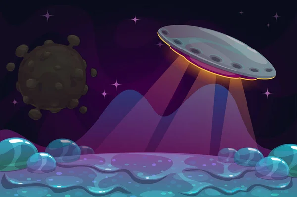 Schleimwelt rückwärts. Fantasy-Alien-Landschaft mit Ufo und schleimigem Boden. — Stockvektor