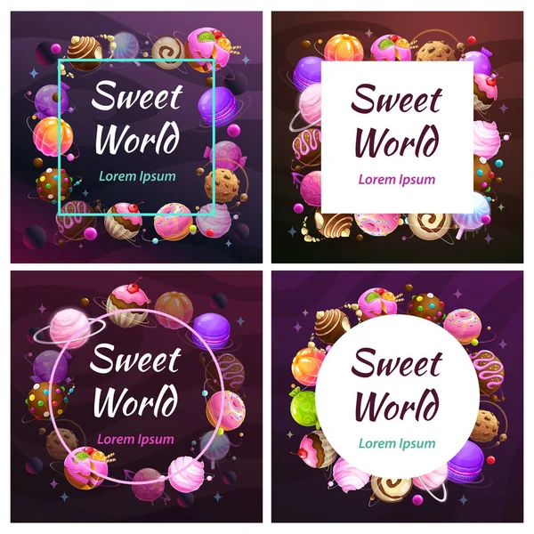 Καρέ πλανήτη καραμέλα. Γλυκά παγκόσμια πανό. Ιστορικό γλυκών. — Διανυσματικό Αρχείο