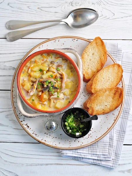 Mantar, tavuk, patates ve havuç ile peynir çorbası.