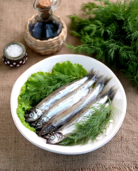 Slightly salted capelin with dill. Rustic style. — Stock Photo, Image