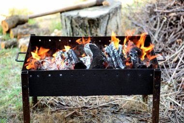 Ahşap doğa üzerinde yanan ile Barbekü.
