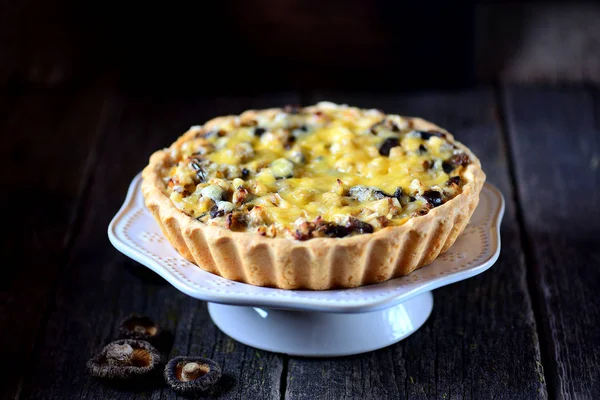 Torta deliciosa com carne de frango, berinjela, cogumelos, cebola e queijo . — Fotografia de Stock