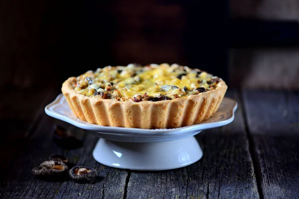 Tavuk eti, patlıcan, mantar, soğan ve peynir lezzetli pasta.