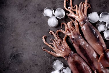 Karanlık granit zemin üzerine taze çiğ bütün kalamar. Üstten Görünüm.