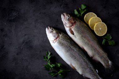 Siyah bir arka plan üzerinde organik çiğ taze alabalık balık. Üstten Görünüm.