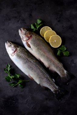 Siyah bir arka plan üzerinde organik çiğ taze alabalık balık. Üstten Görünüm.