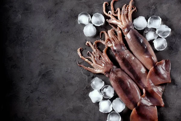 Karanlık granit zemin üzerine taze çiğ bütün kalamar. Üstten Görünüm.